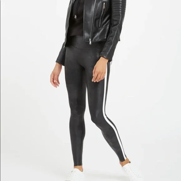 Spanx faux leather black and white stripe leggings - Picture 2 of 8